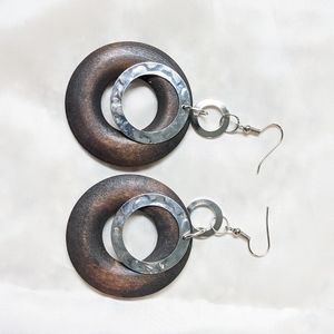 Wooden and beaten metal circle earrings